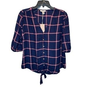 Como Vintage Plaid Tie Front Top in Navy Tango Red Small New